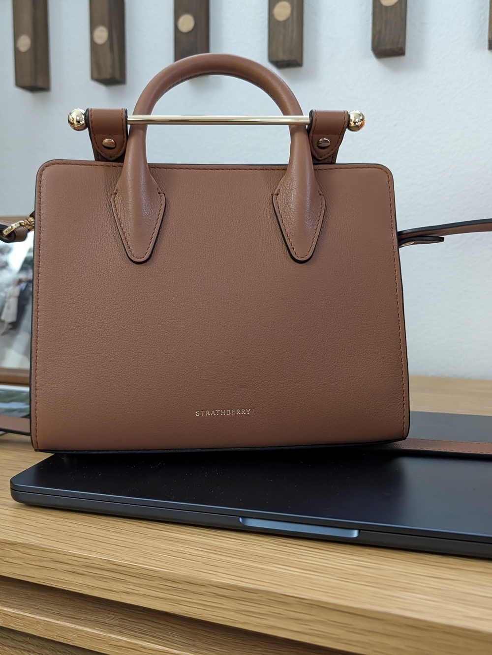 Strathberry Brown Mini Tote with Gold Bar Handle